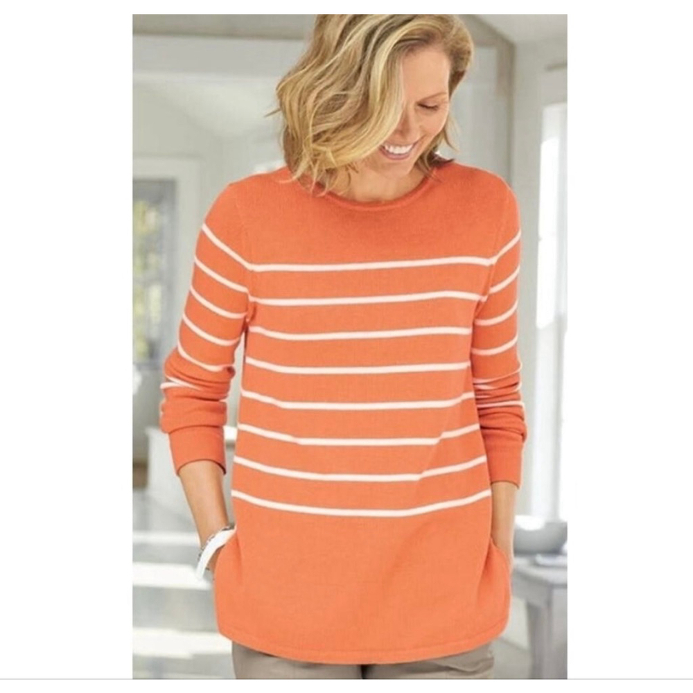 J Jill Sweater Women Sz XS Orange Knit Cotton Stripes Office Career‎ Tunic EUC